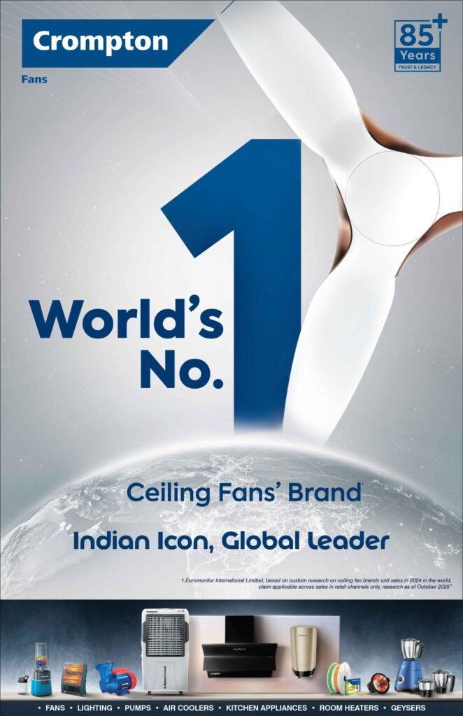 Crompton Brings India to the Global Stage through its recognition as World’s No.1 Ceiling Fan Brand